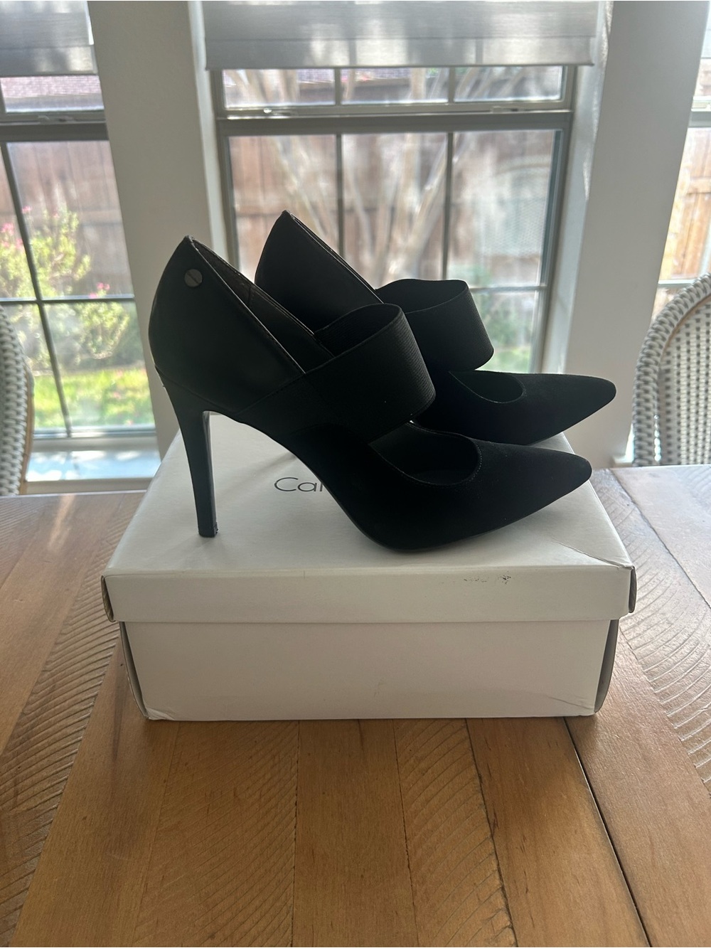 Calvin Klein Black Pointed Toe Stiletto Pumps with Wide Elastic Strap